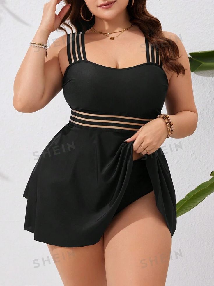 SHEIN Swim Curve Plus Size Monochromatic Swimwear Set, Bathing Suit Beach Outfit Vacay Vibe | SHEIN USA Plus Size Swimwear Black Women, Mid Size Bathing Suit, Classy Bathing Suits, Plus Size Bikinis, Swimsuits Plus Size, Beach Plus Size, Plus Size Bathing Suits, Swimsuit Plus Size, Summer Style Guide