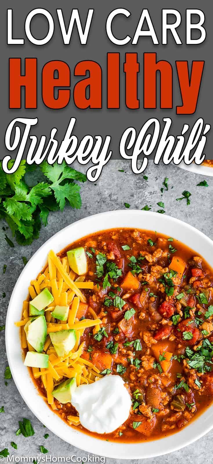 low carb healthy turkey chili in a white bowl