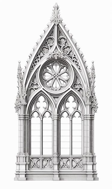 an architectural drawing of a gothic style church window with ornate carvings and arches on each side