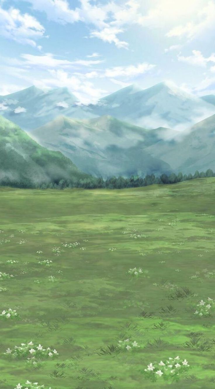 an anime scene with mountains in the background and grass on the foreground, there are white flowers growing out of the ground