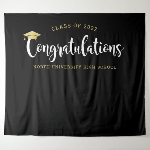 a black banner with the words congratulationss and a gold cap on it that reads class of 20x20