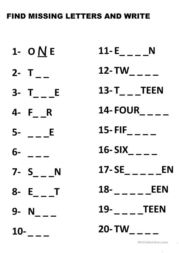 the missing letters and numbers in this worksheet are for students to practice their writing skills