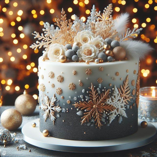 a decorated cake sitting on top of a table next to a lit candle and christmas tree