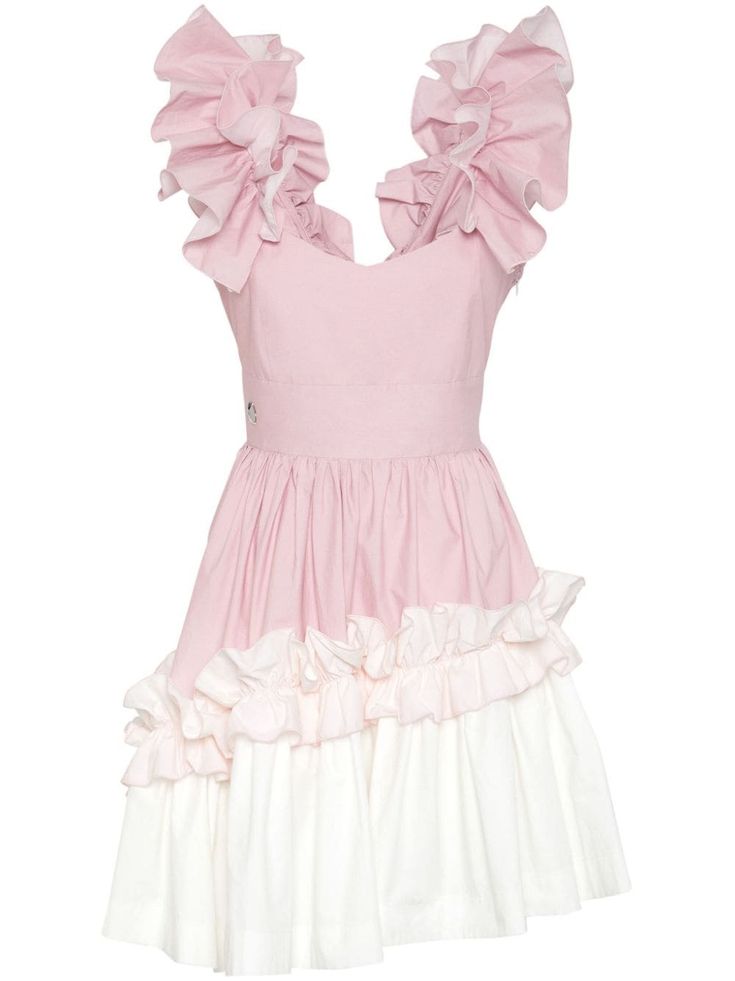 light pink/white cotton two-tone design ruffled detailing appliqué logo sweetheart neck V-back sleeveless flared skirt thigh-length straight hem Bunny Cartoon, Mini Dress Pink, Cotton Mini Dress, Romantic Dress, Pink Outfits, Philipp Plein, Pink Mini Dresses, Sweetheart Neck, Kpop Outfits