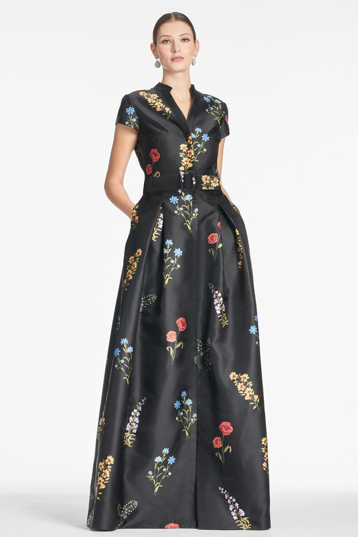 Marta Gown - Noir Bouquet Mother Of The Groom Black Tie, Brides Mom Dress Classy Mothers, Floral Wedding Guest Dress, Mikado Fabric, Floral Print Gowns, Pleated Gown, Black Tie Wedding Guests, Printed Gowns, Groom Dresses