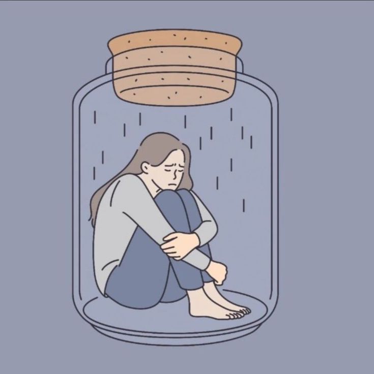 a woman sitting in a glass jar with her feet on the ground, and looking down