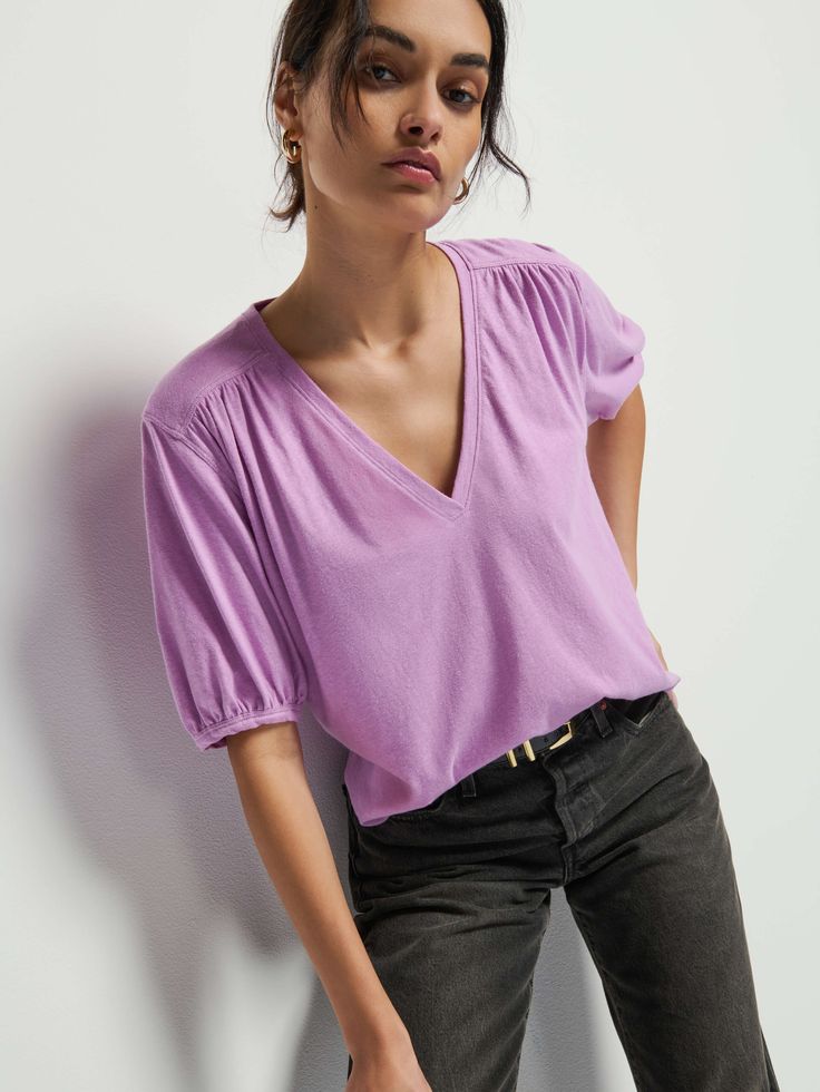 Not your boyfriend's v-neck. Shirred cuffs and front and back yoke give it that relaxed vibe, with a subtle balloon sleeve for a feminine twist. (This one comes in Violet Tulle). | Edie Top in Violet Tulle | Ethical Essentials Trendy V-neck Relaxed Fit Blouse, Chic Relaxed Fit V-neck Top, V-neck Blouse For Everyday Fall Wear, Effortless V-neck Top For Daywear, Fall V-neck Everyday Blouse, Everyday Fall V-neck Blouse, Relaxed Fit V-neck Top For Everyday, Effortless V-neck Blouse For Spring, Chic Everyday V-neck Blouse