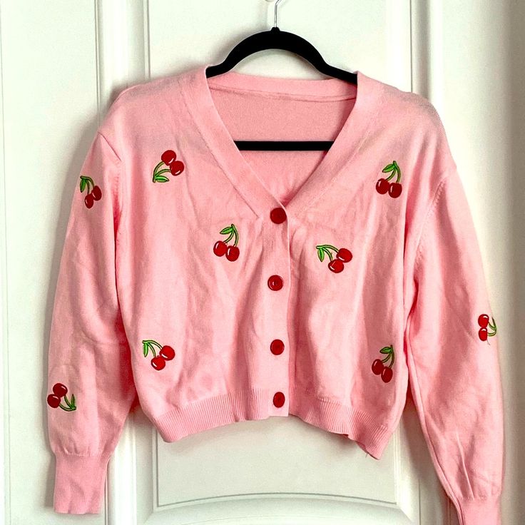 Pink Button Down Cardigan Sweater With Cherry Print Women’s Size S. Length 18 1/4 Red Buttons Cute Cotton Sweater With Buttons, Cute Cotton Buttoned Sweater, Cute Cotton Cardigan With Button Closure, Cute Button-up Cardigan For Fall, Cute Button-up Fall Cardigan, Cute Long Sleeve Buttoned Cardigan, Cotton Cardigan With Button Closure, Cute Style, Cute Fall Cardigan With Button Closure, Cute Button-up Cardigan With Buttons