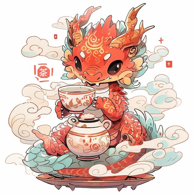 Chinese dragon drinking tea Chinese zodiac sign Cool Dragon Drawings, Chinese Dragon Drawing, Chibi Dragon, Tea Chinese, Chinese Zodiac Dragon, Cute Dog Cartoon, Dragon Chino, Dragon Zodiac, Dragon Tea