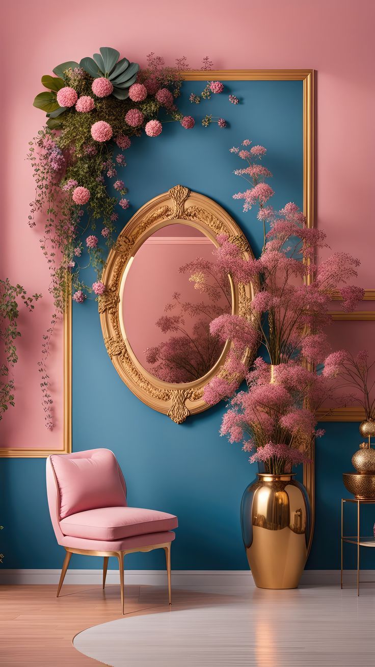 a pink chair sitting in front of a blue wall with flowers and a gold framed mirror