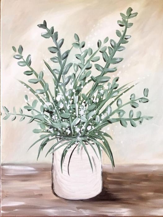 a painting of a plant in a white vase