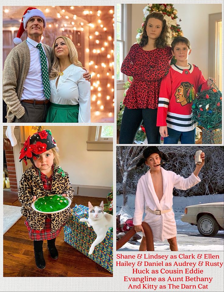 four photos of people dressed up in holiday outfits and hats, one is holding a cake