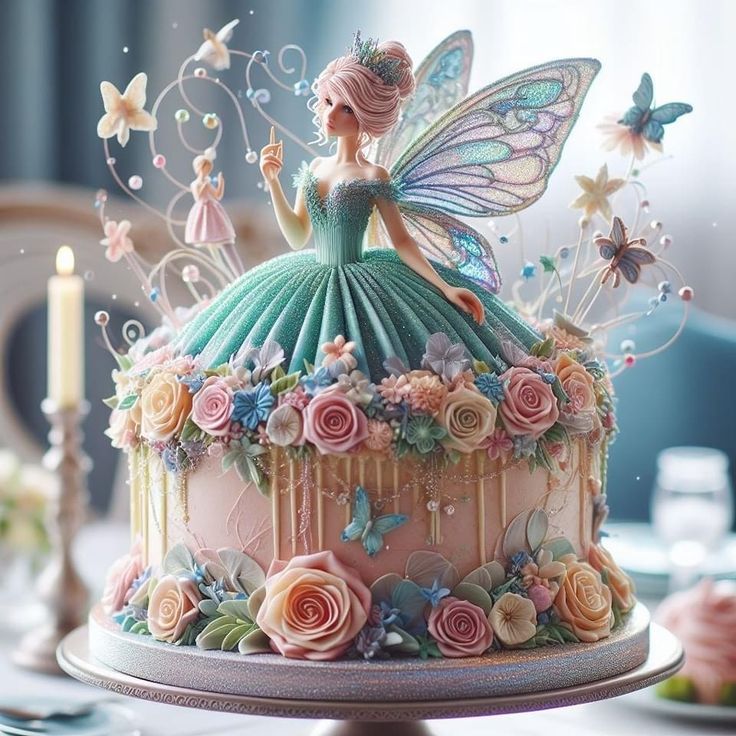 there is a cake decorated with flowers and fairy figurines on the top of it