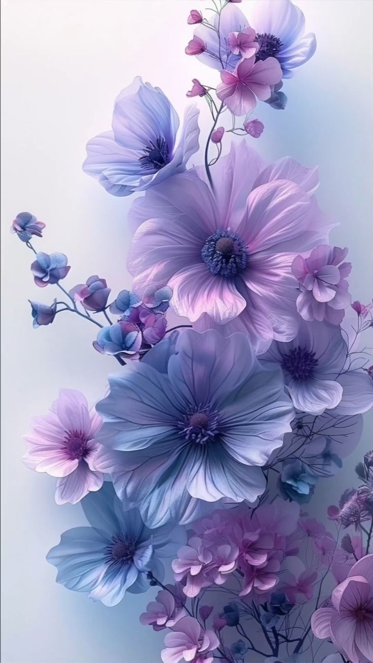 purple and blue flowers on a white background