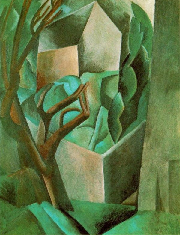 a painting with trees and rocks in the foreground, on a green background that is very similar to an abstract painting