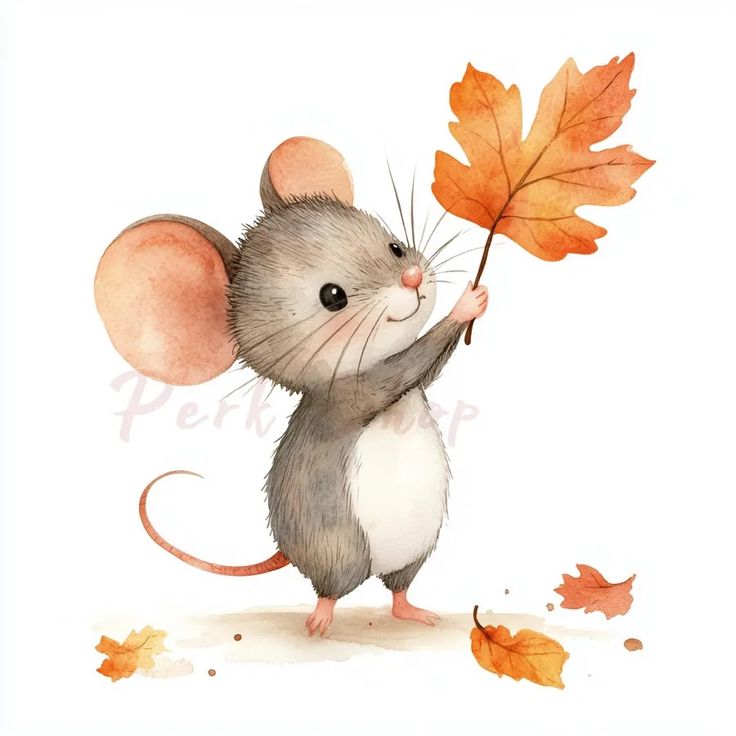 a watercolor painting of a mouse holding an autumn leaf