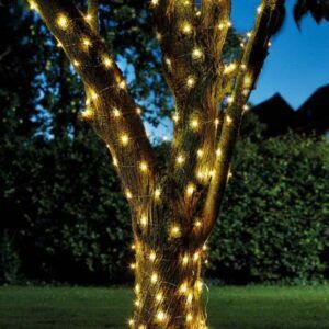 a lighted tree in the middle of a yard with lights on it's branches