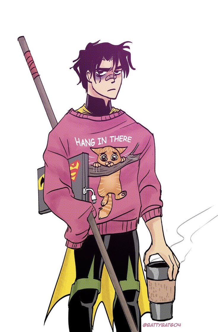 a man in pink sweater holding a broom and a cup with an owl on it