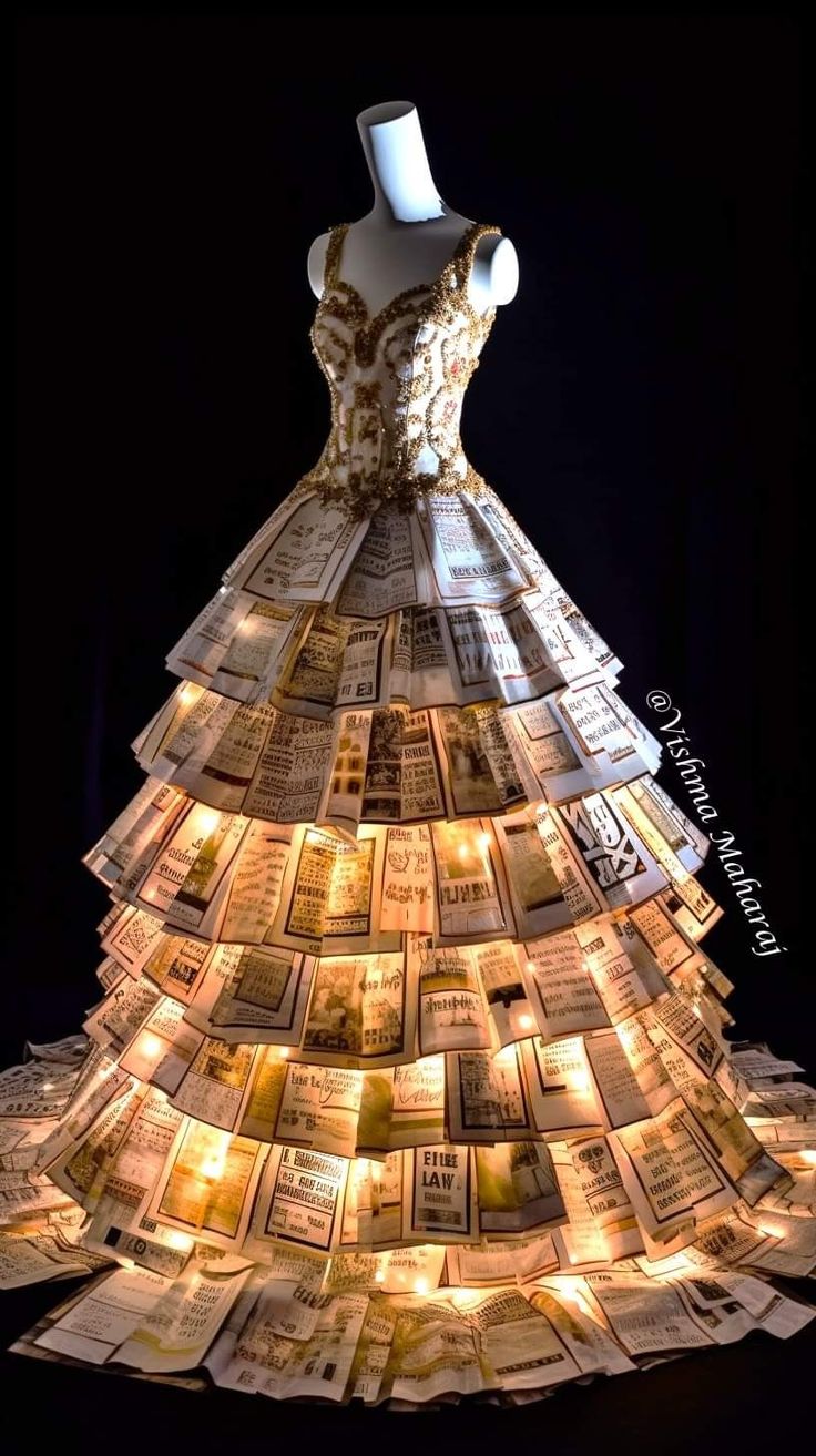 a dress made out of newspapers with lights on it