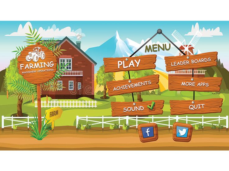 an animated farm scene with wooden signs pointing in different directions and the words menu displayed on them