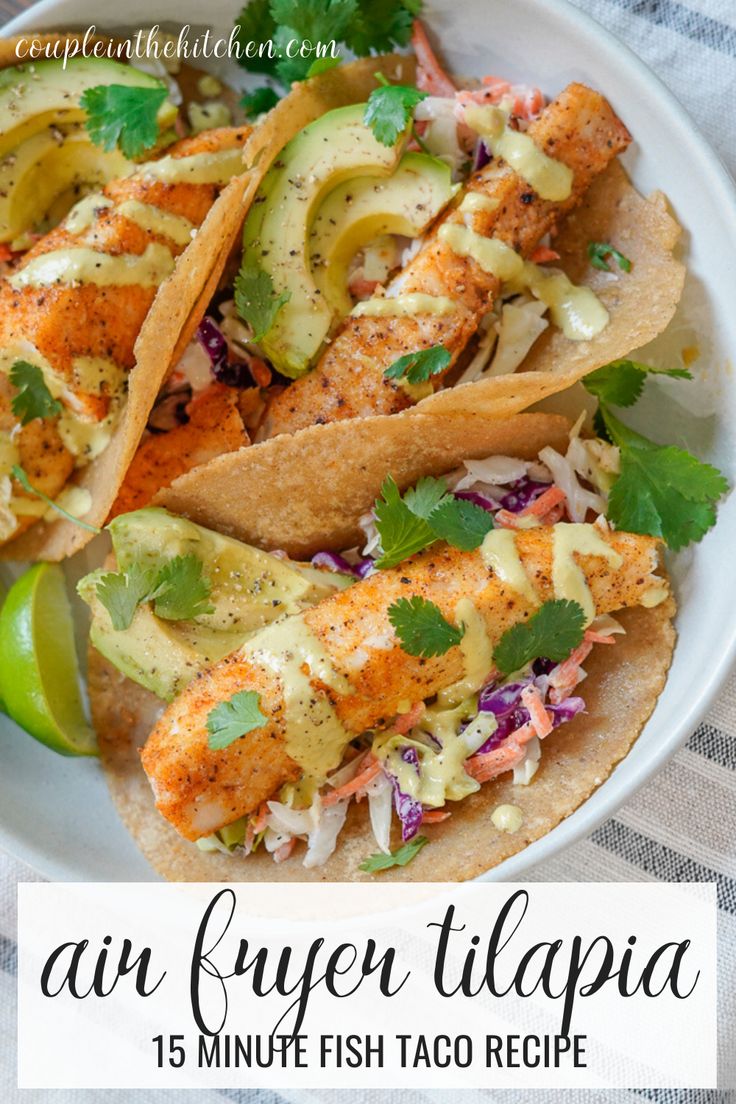 fish tacos with avocado and cilantro on top in a white bowl