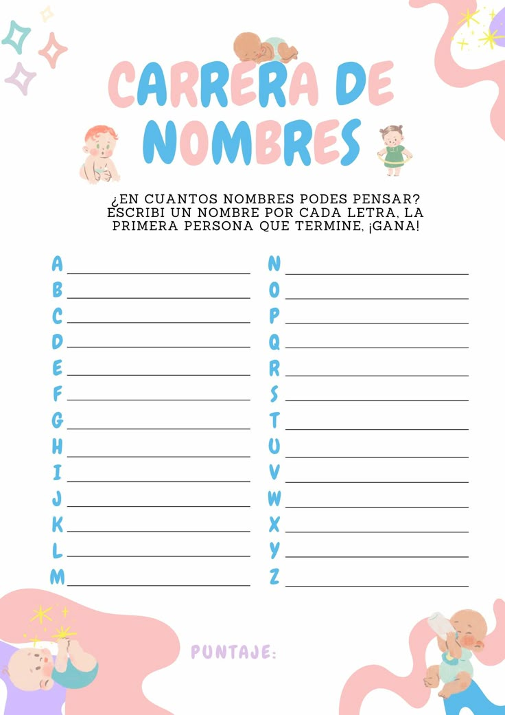 a pink and blue baby shower game with the words'carrera de nombres '