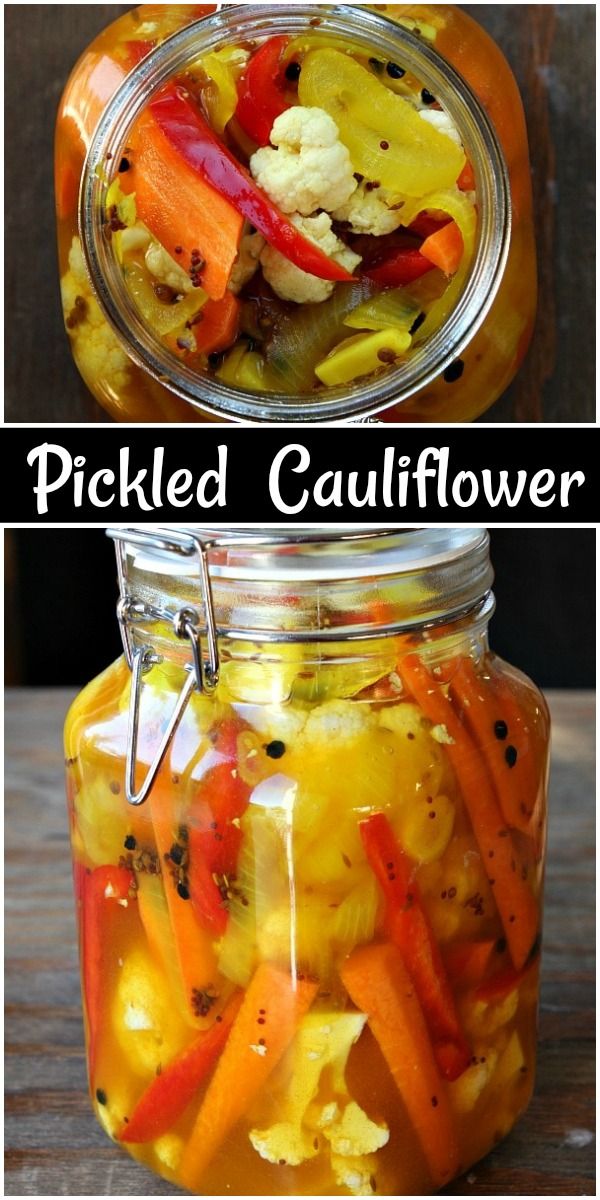 pickled cauliflower and carrots in a glass jar