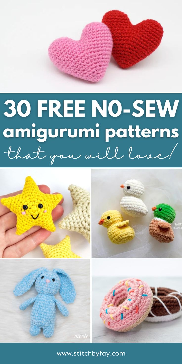 Collection of free no-sew amigurumi crochet patterns. Easy Quick Crochet Projects Free, No Sewing Crochet Pattern, Love Crochet Pattern, Crochet Animals Beginner, Quick Crochet Stuffed Animals, No See Crochet Patterns, Quick Amigurumi Pattern Free No Sew, Easy Small Amigurumi Free Pattern, Easy No Sew Crochet Amigurumi