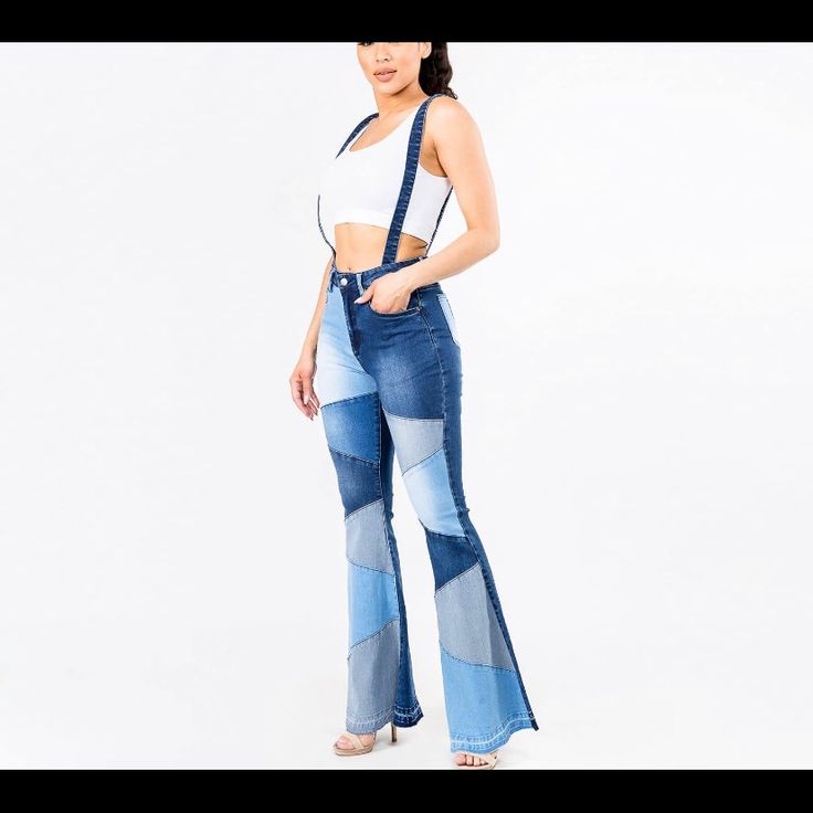 Patchworked Flare Denim Jeans With Detachable Suspenders Color Blue. Wear With Or Without Suspenders. Sm Med Lg. American Bazi Jeans, Flare Denim Jeans, Denim Flares, Jeans Color, Suspenders, Colored Jeans, Duster Coat, Denim Jeans, Color Blue