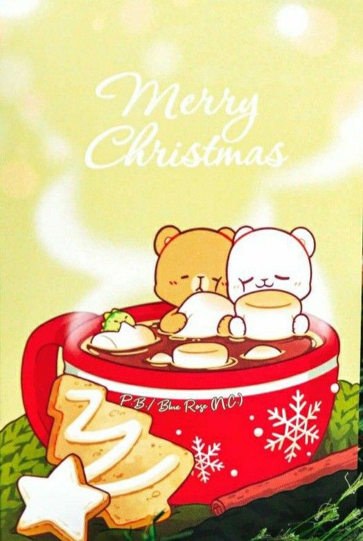 a christmas card with two teddy bears in a cup