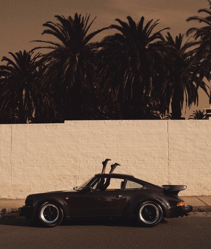 a black car parked next to a white wall with palm trees in the back ground