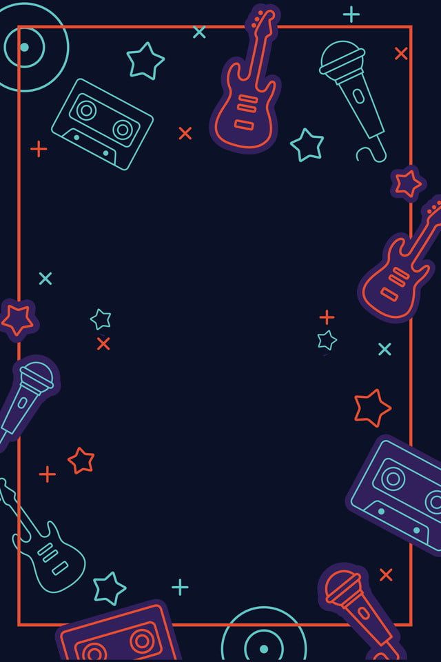 an abstract background with guitars, music equipment and other items in neon colors on a dark blue background