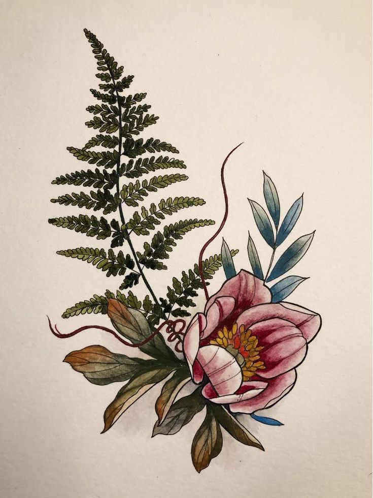 a drawing of flowers and ferns on a white wall