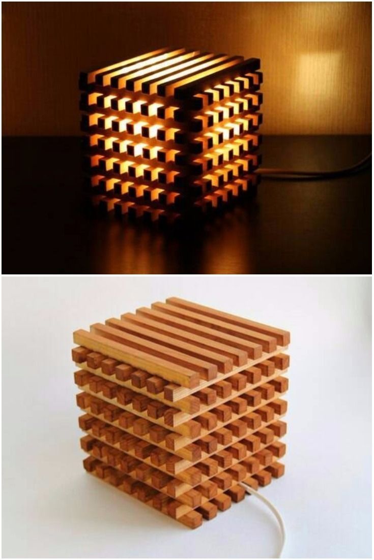 two different lamps made out of wooden blocks