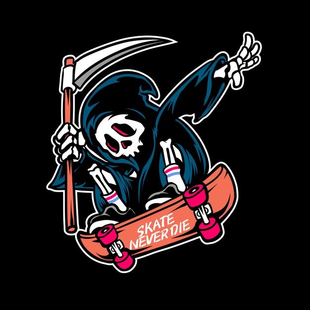 a skeleton holding a skateboard with the words skate never die on it