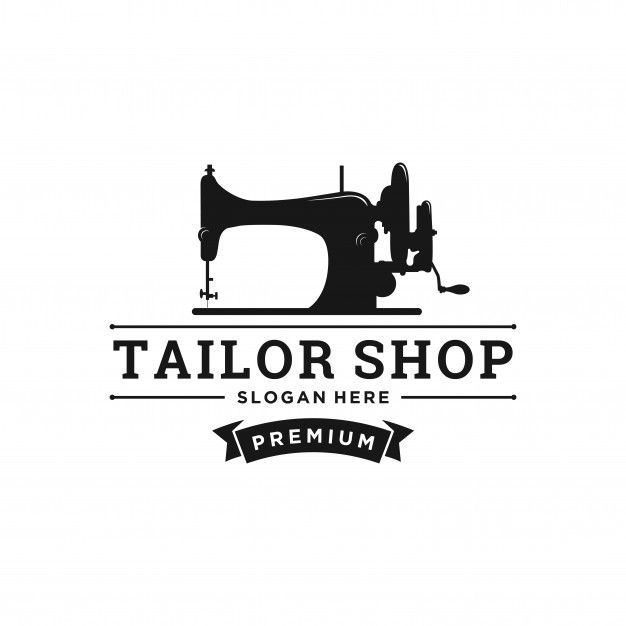 the tailor shop logo is black and white, with an old sewing machine on it