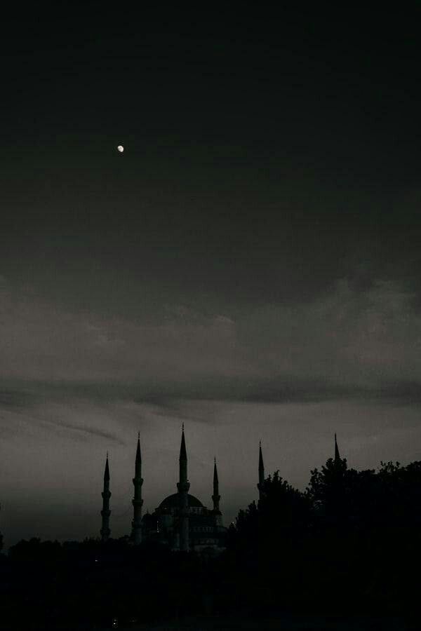 the moon is shining in the sky over some buildings