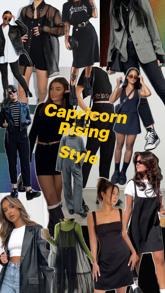 the collage shows different types of women in black and white outfits, with text reading capricon rising style