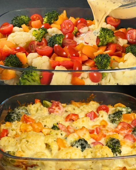 broccoli, cauliflower and tomatoes are being mixed together in a casserole dish