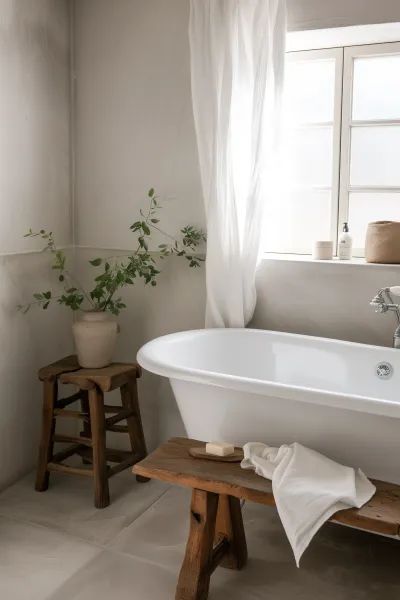 a white bath tub sitting under a window next to a wooden stool and potted plant