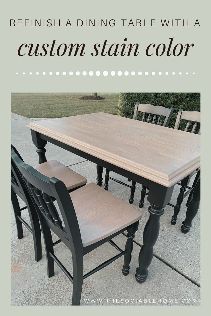 The Sociable Home posted a graphic explaining that you can refinish an Ashley Furniture dining table in 15 days like they did. The Sociable Home used Citristrip to remove old varnish and blended stain colors 1:1 to make a custom tone to match their space. Table Remodel, Ashley Furniture Dining, Dining Room Table Makeover, Dining Table Makeover, Kitchen Table Makeover, Furniture Upcycling, Dining Suites, Grey Dining Tables, Style Dining Table