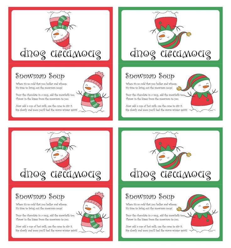 four snowman labels with the names and numbers for each item in red, green and white