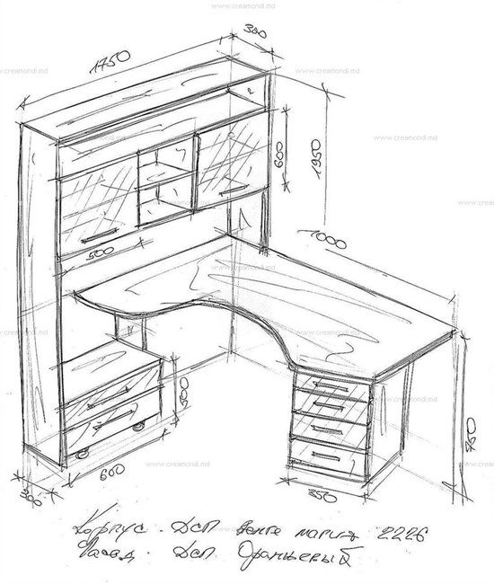 a drawing of an office desk with drawers and cupboards in the corner, on top of