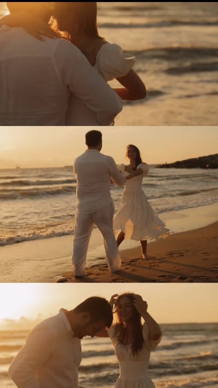 a man and woman dancing on the beach in front of the ocean at sunset or sunrise