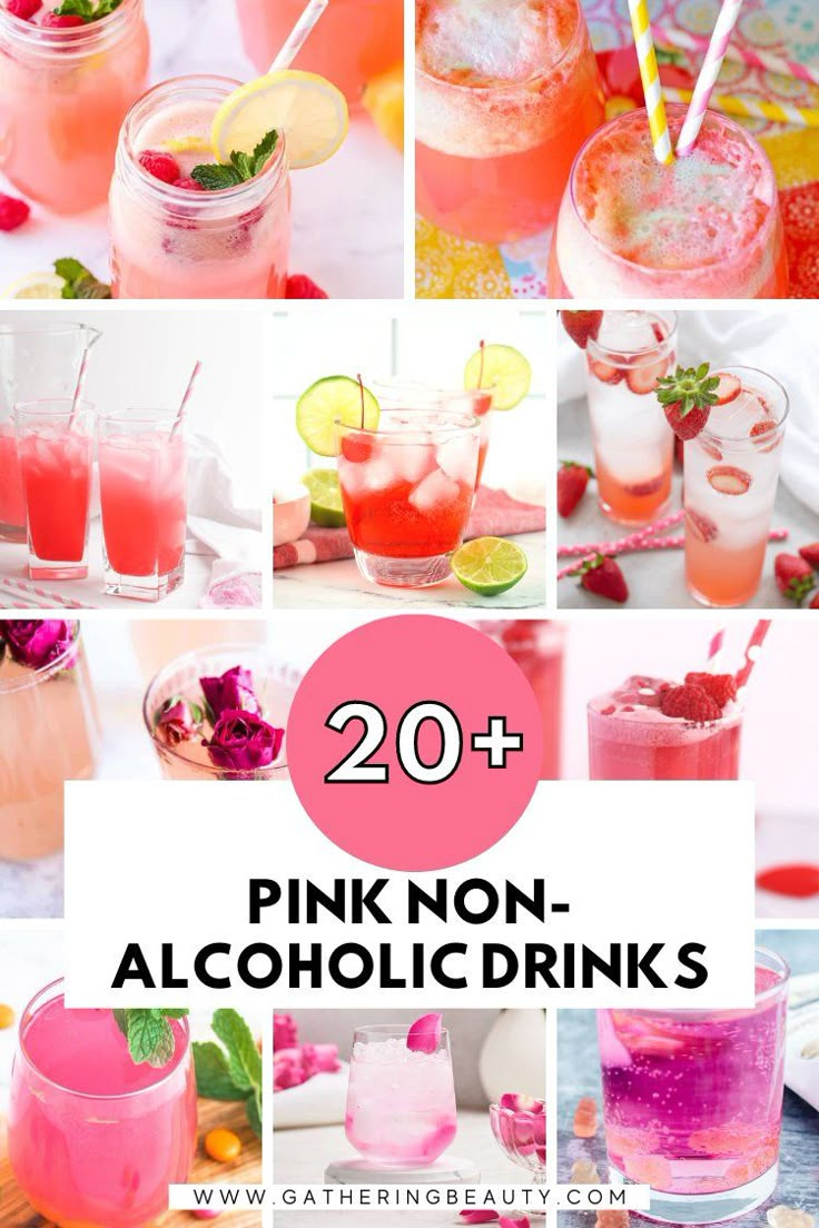 pink non - alcoholic drinks collage with text overlay that reads 20 + pink non - alcoholic drinks