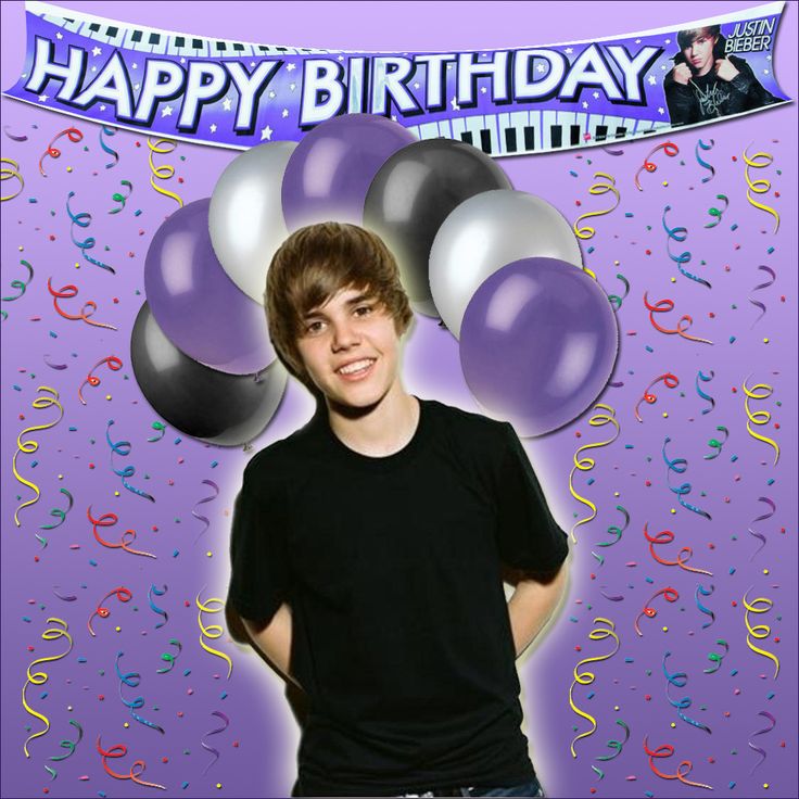 a young man standing in front of a purple background with balloons and confetti