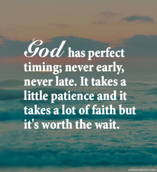 a quote that says god has perfect things never early, never late it takes a little patience and it takes a lot of faith but it's worth the wait