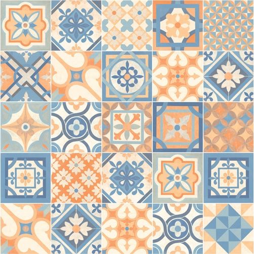 an orange and blue tiled wallpaper with different designs