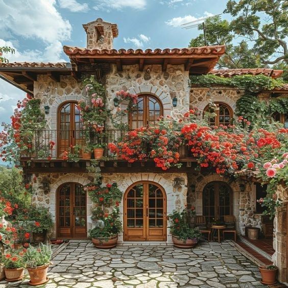 a stone house with red flowers on the balcony