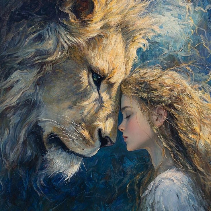 a painting of a woman and a lion face to face with each other's head